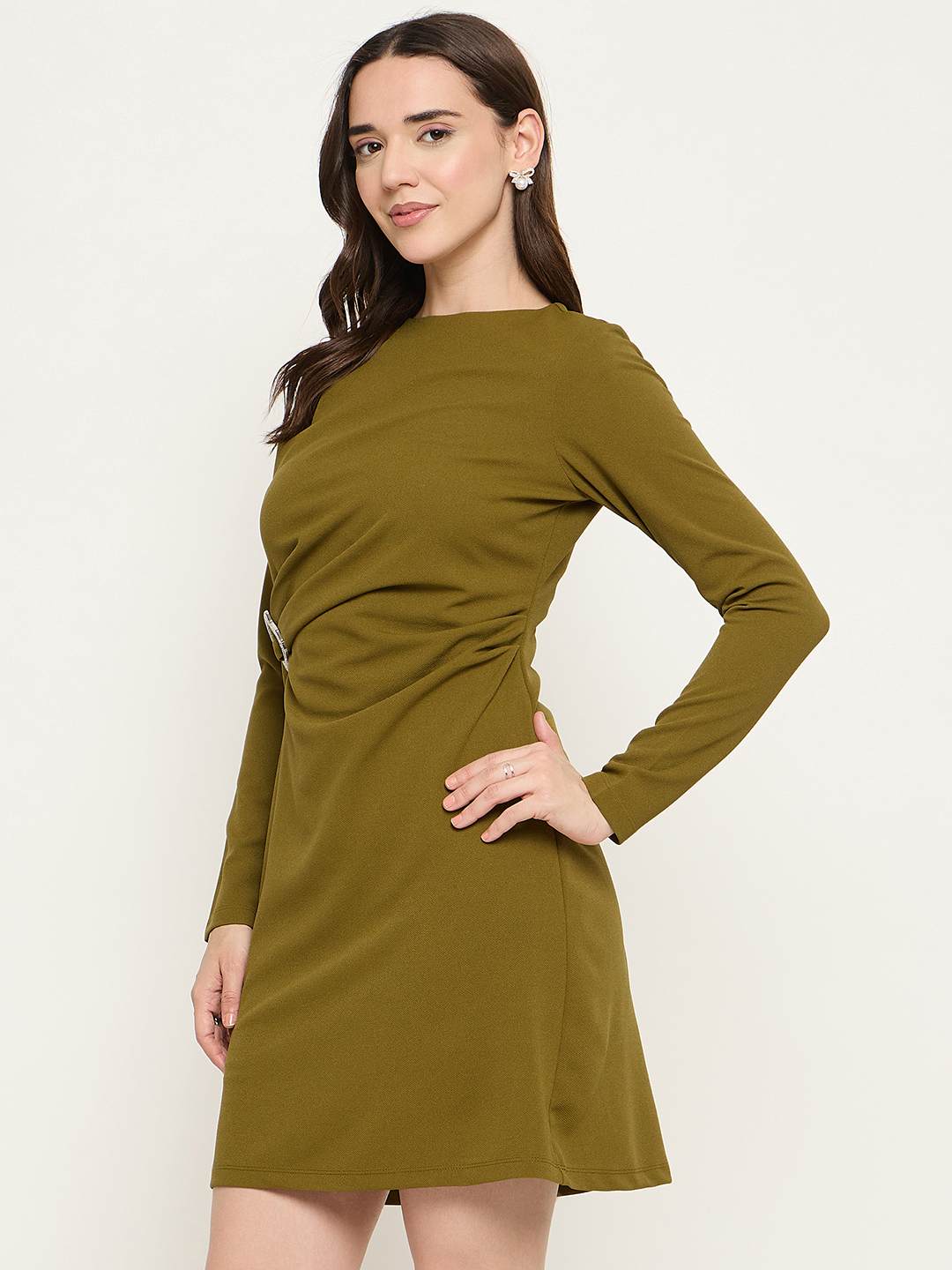 Madame Side Buckle Detail Olive Green Mini Dress - Image 5