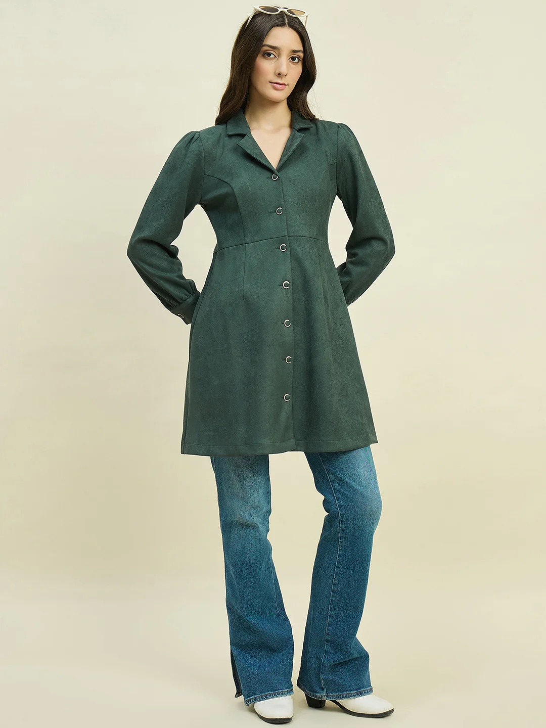 Madame Solid Green Blazer Dress - Image 3