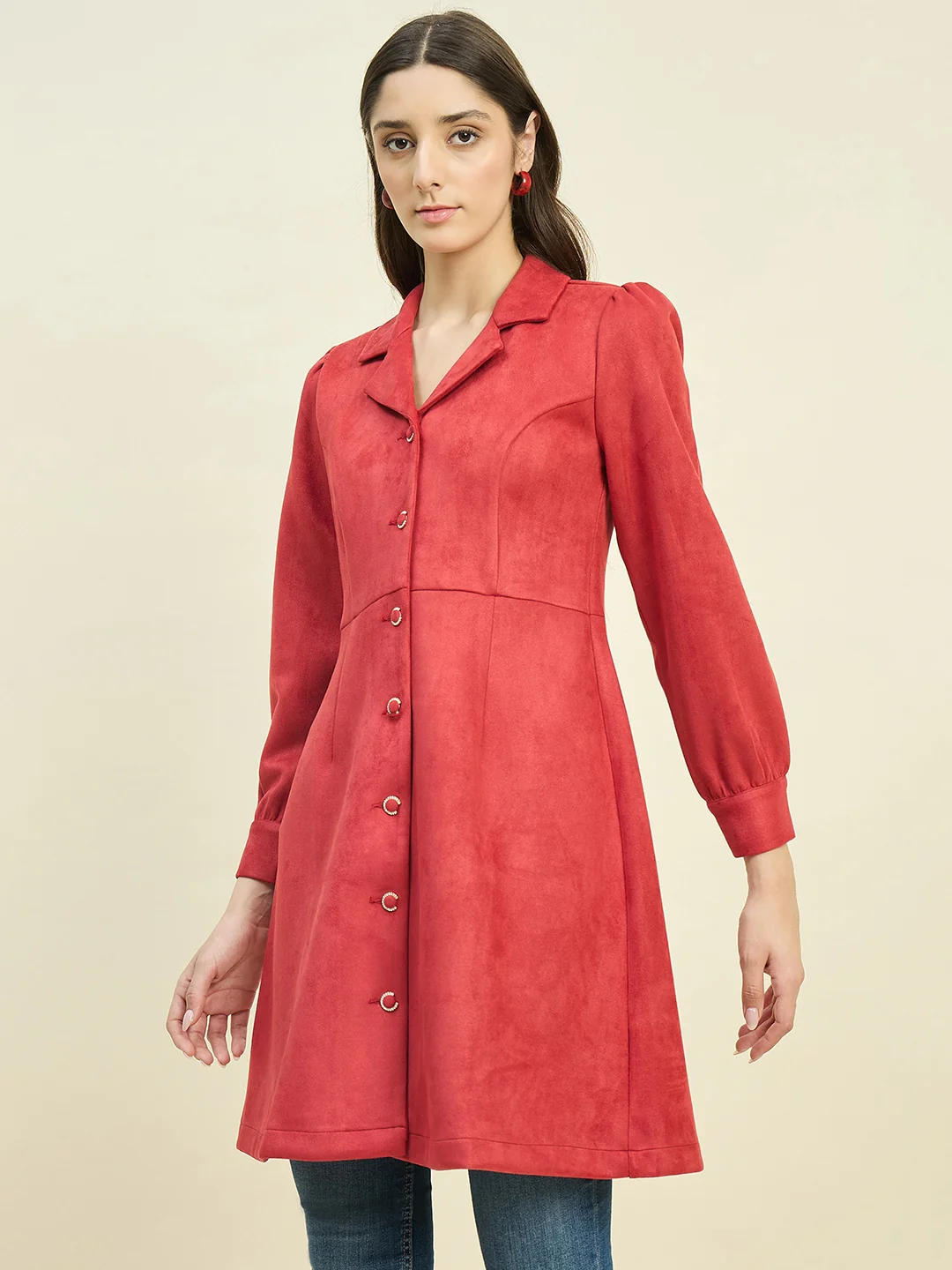 Madame Suede Blazer Dress with Embellished Button Details - Image 5
