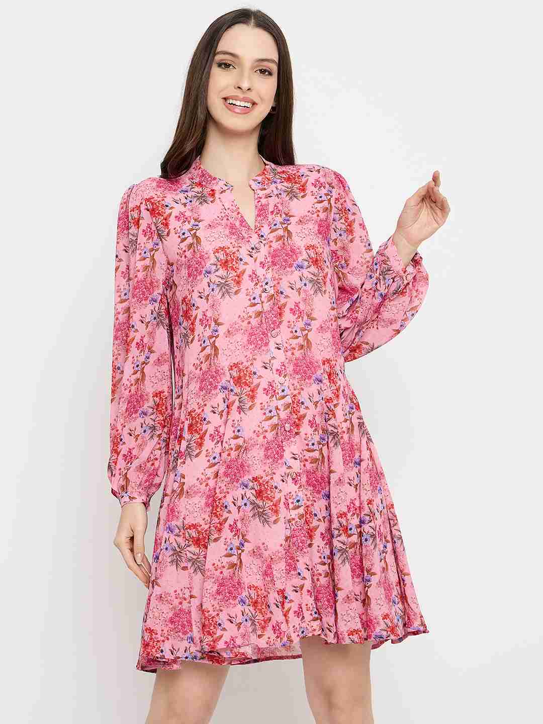 Madame Pleated Floral Pink Mini Shirt Dress - Image 3