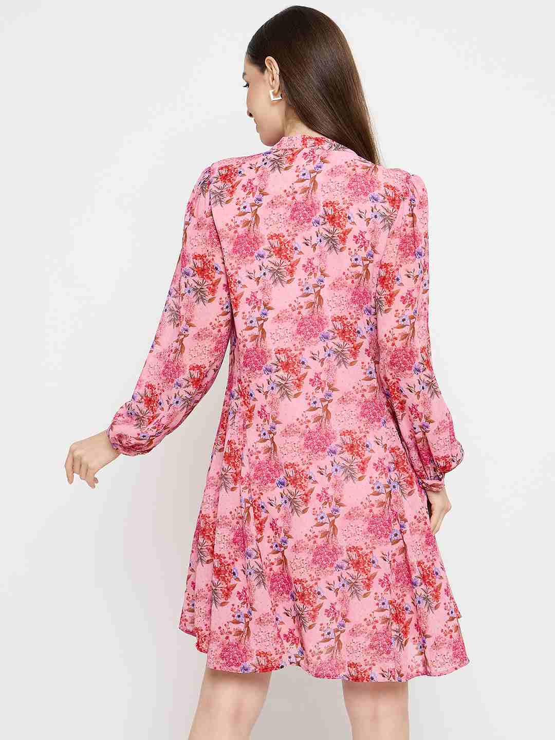 Madame Pleated Floral Pink Mini Shirt Dress - Image 6