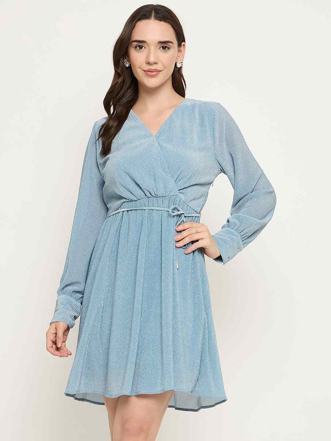 Madame Surplice Neck Blue Mini Dress - Image 3
