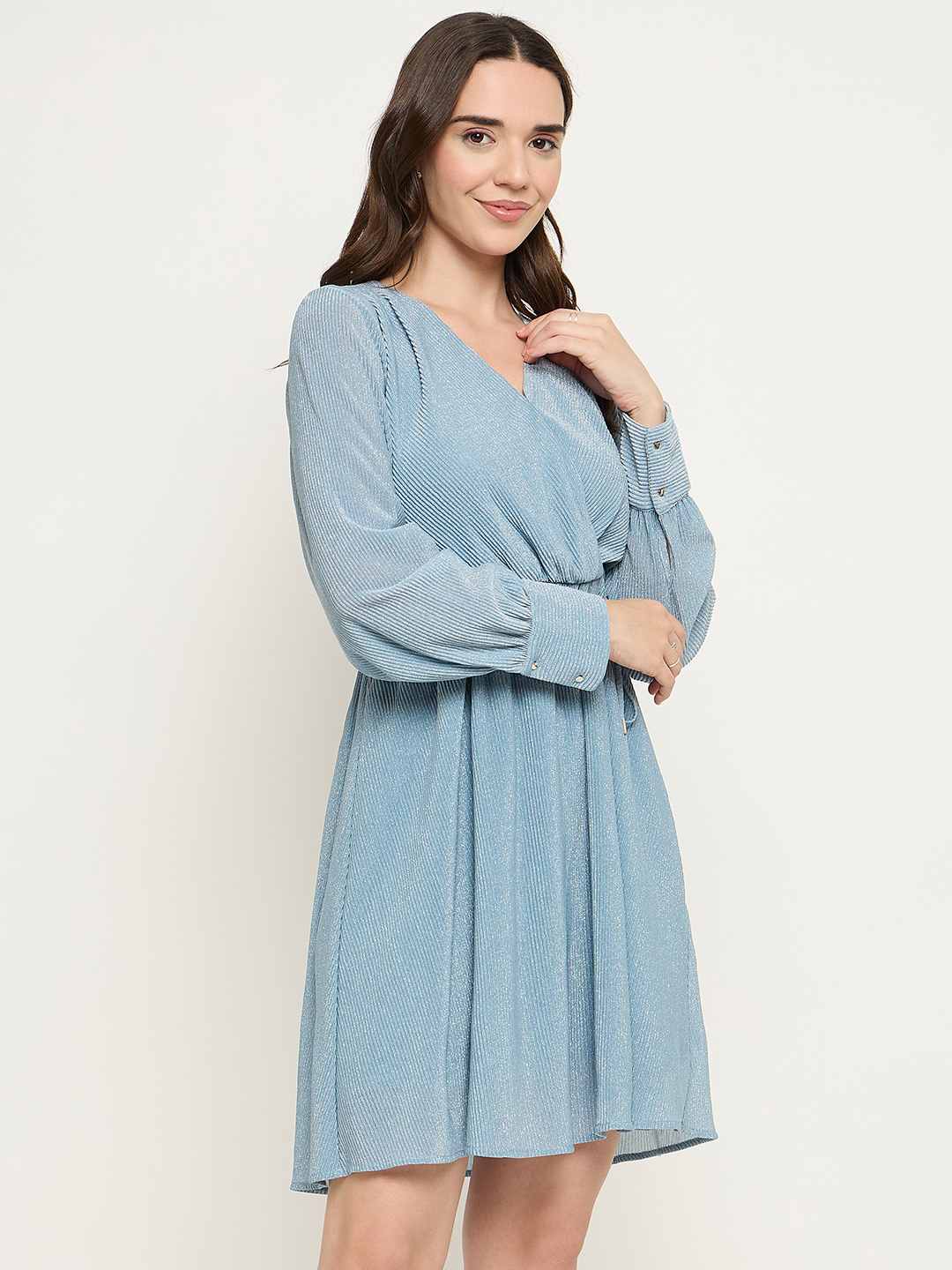 Madame Surplice Neck Blue Mini Dress - Image 4