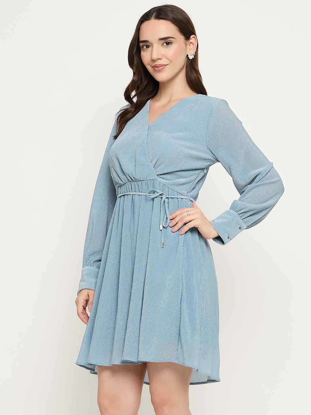 Madame Surplice Neck Blue Mini Dress - Image 5
