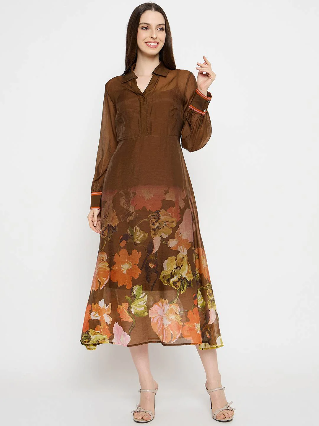 Madame Floral Print Chocolate Brown Midi Dress