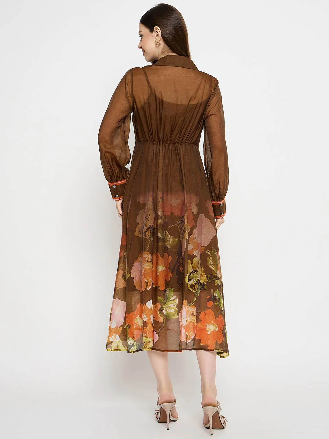 Madame Floral Print Chocolate Brown Midi Dress - Image 5