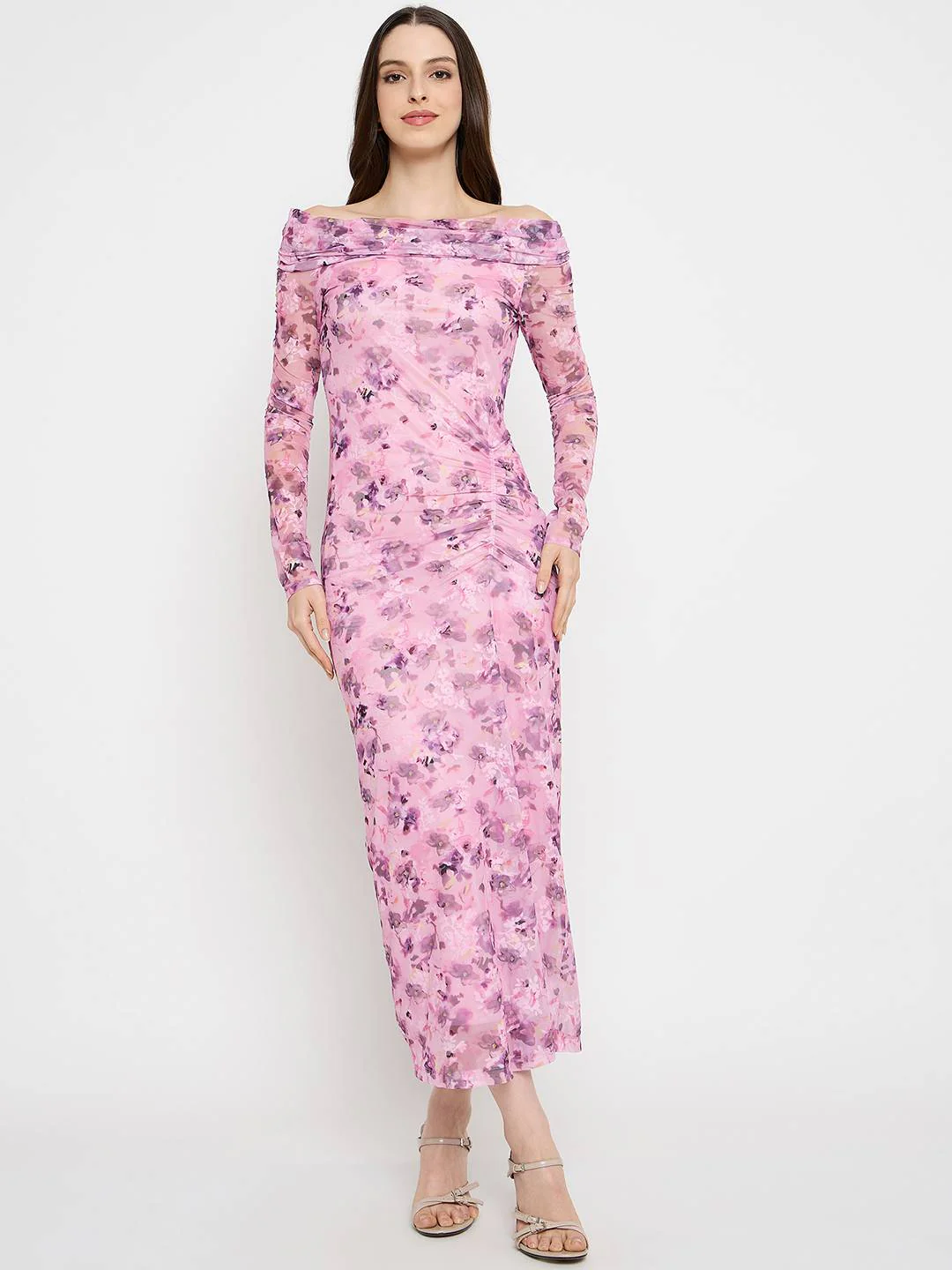 Madame Floral Print Off Shoulder Pink Maxi Dress - Image 3