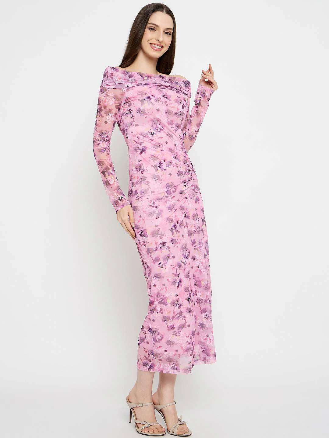 Madame Floral Print Off Shoulder Pink Maxi Dress - Image 4