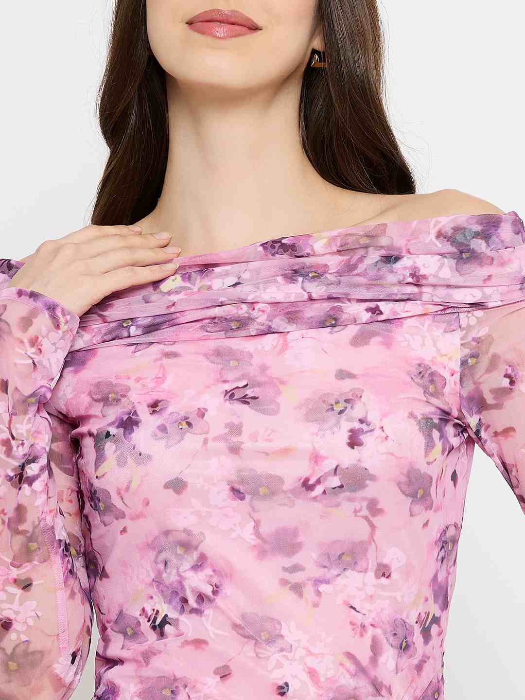 Madame Floral Print Off Shoulder Pink Maxi Dress - Image 7