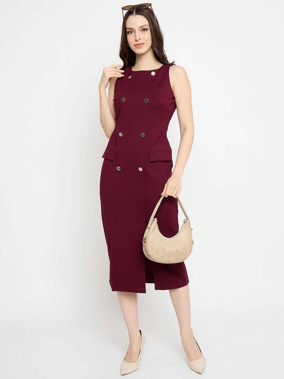 Madame Double Breasted Maroon Red Midi Dress - Image 2