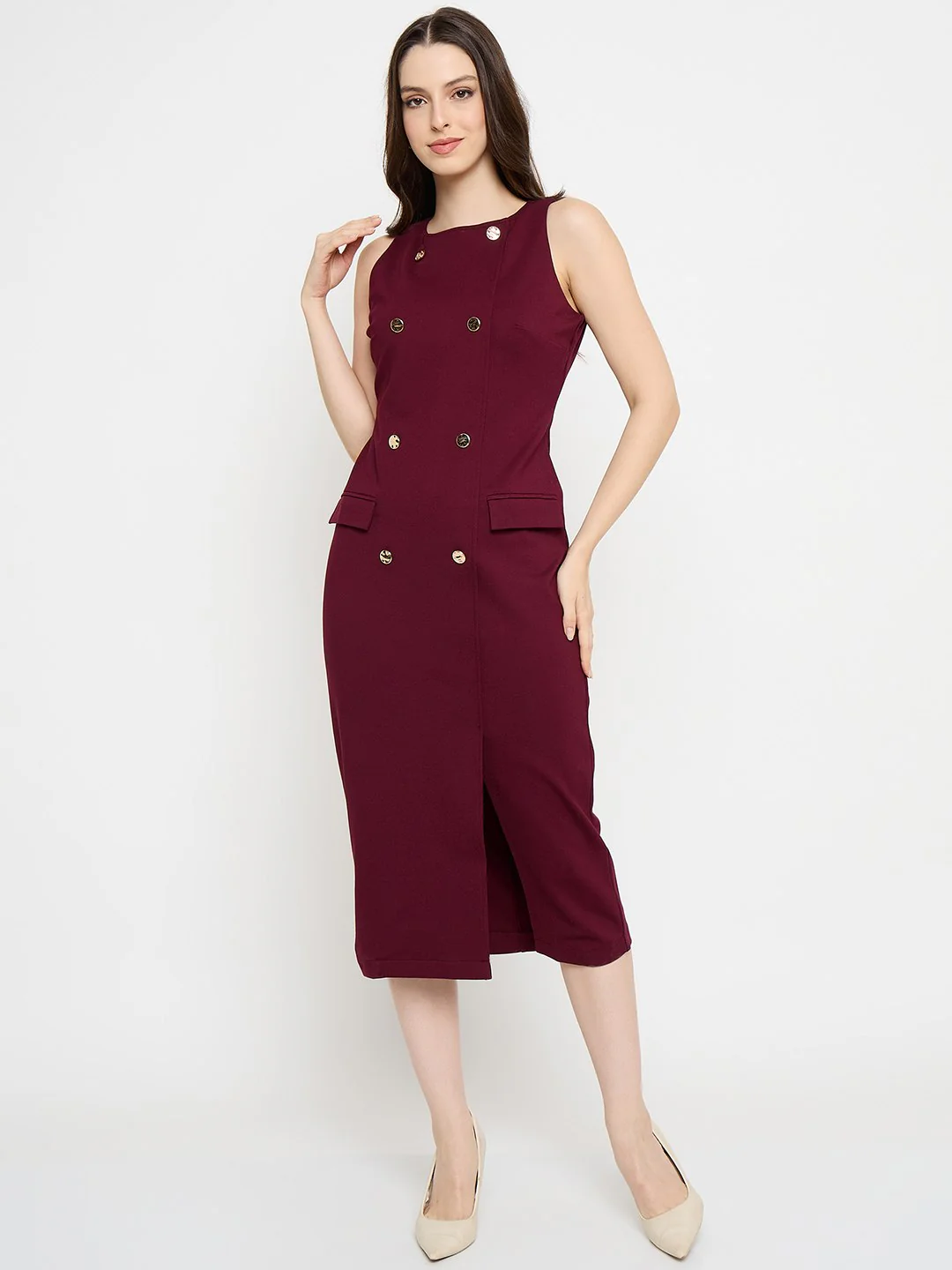 Madame Double Breasted Maroon Red Midi Dress - Image 3