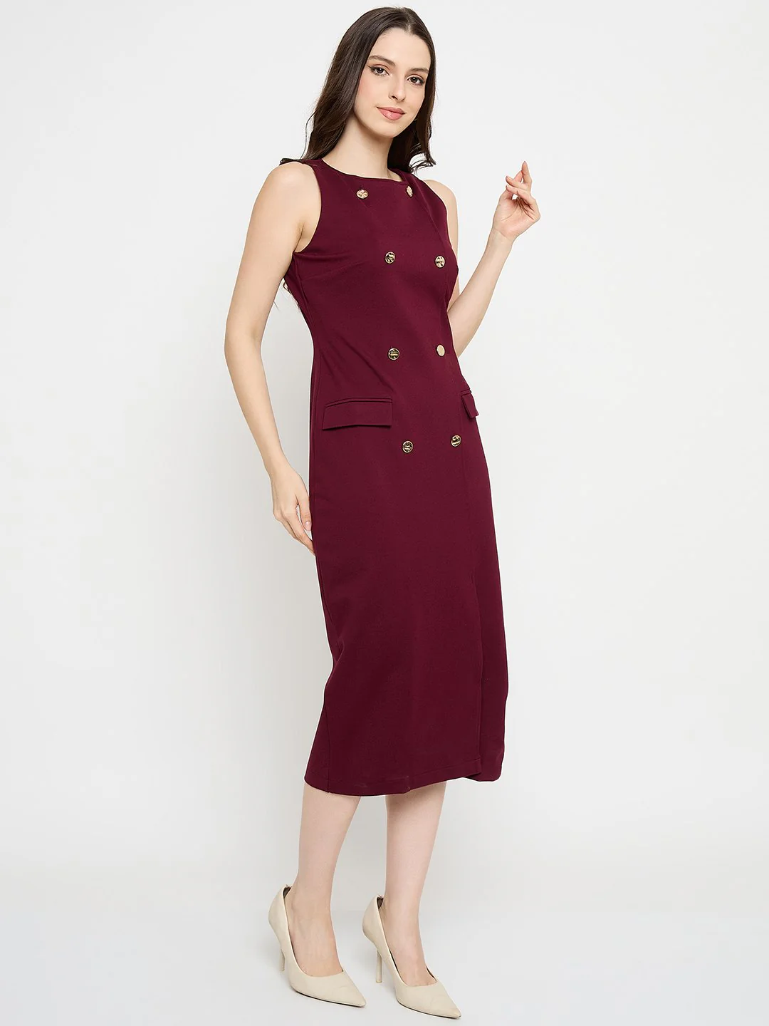 Madame Double Breasted Maroon Red Midi Dress - Image 4