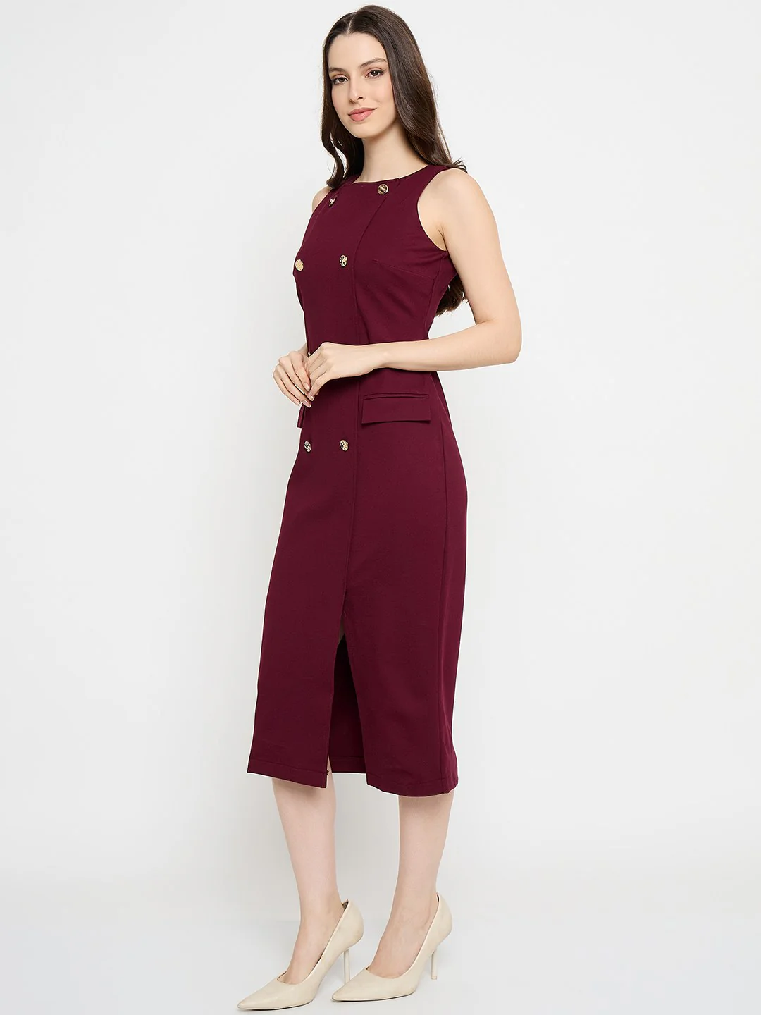 Madame Double Breasted Maroon Red Midi Dress - Image 5