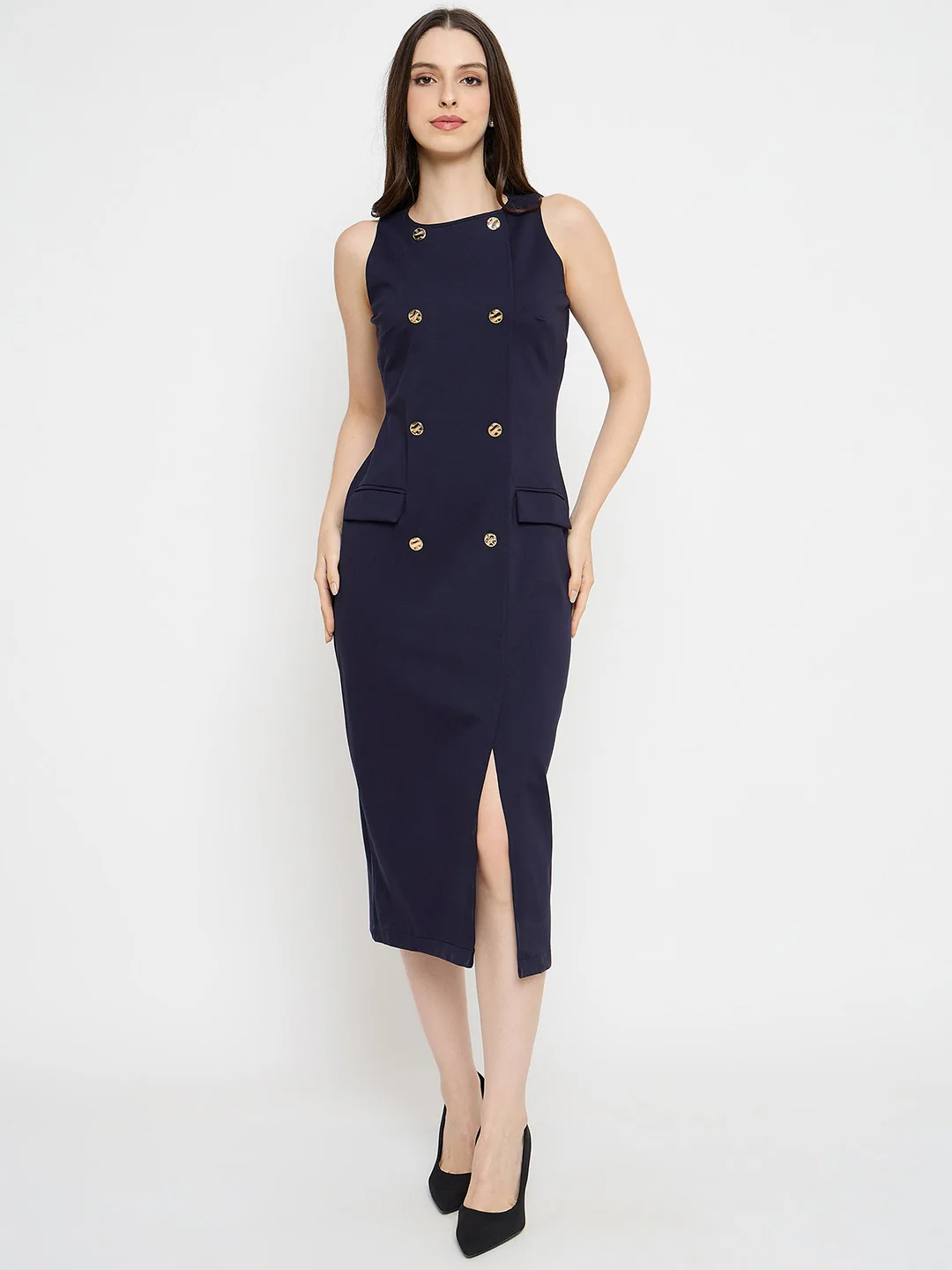 Madame Double Breasted Navy Blue Midi Dress - Image 2