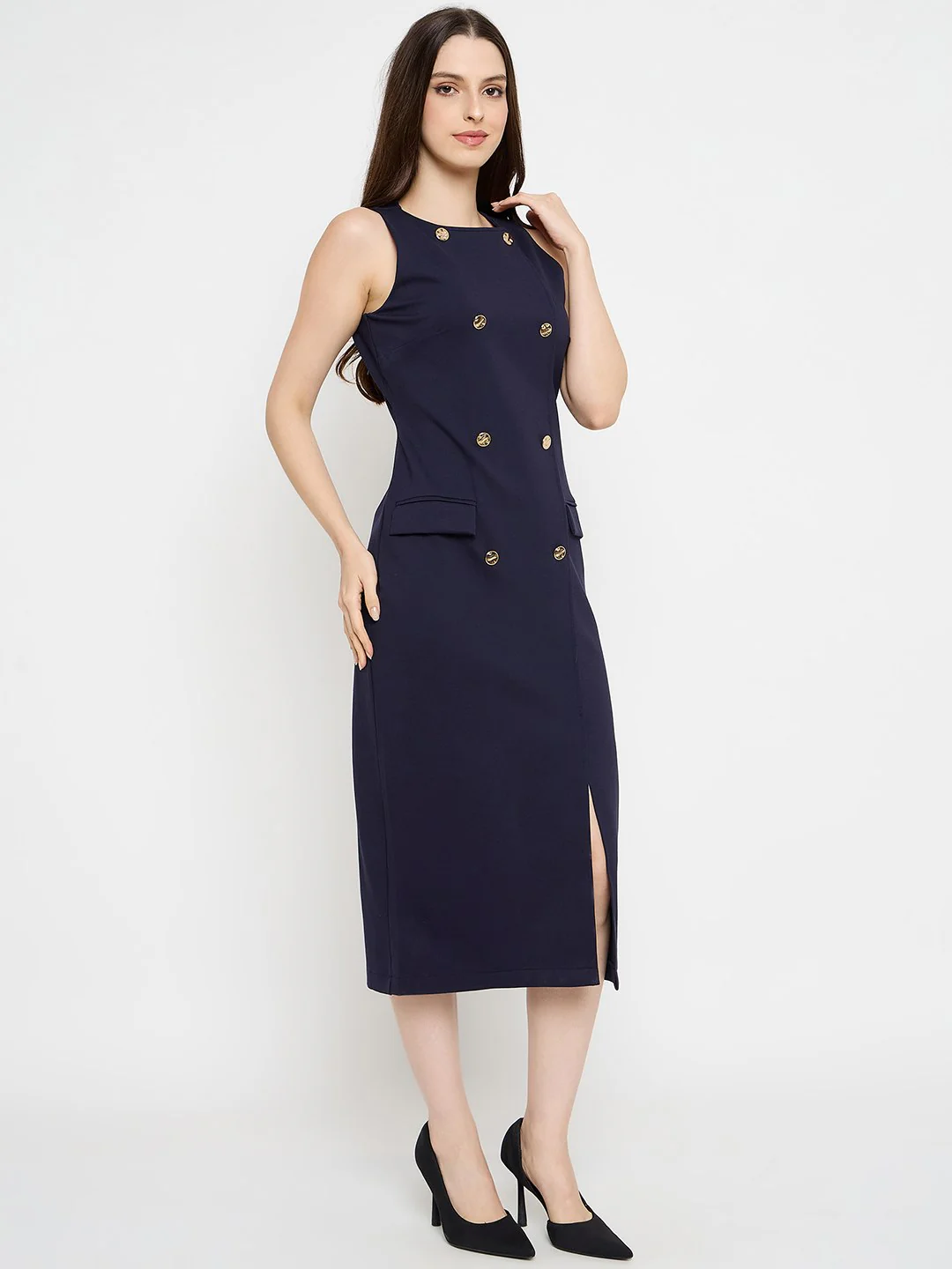 Madame Double Breasted Navy Blue Midi Dress - Image 4