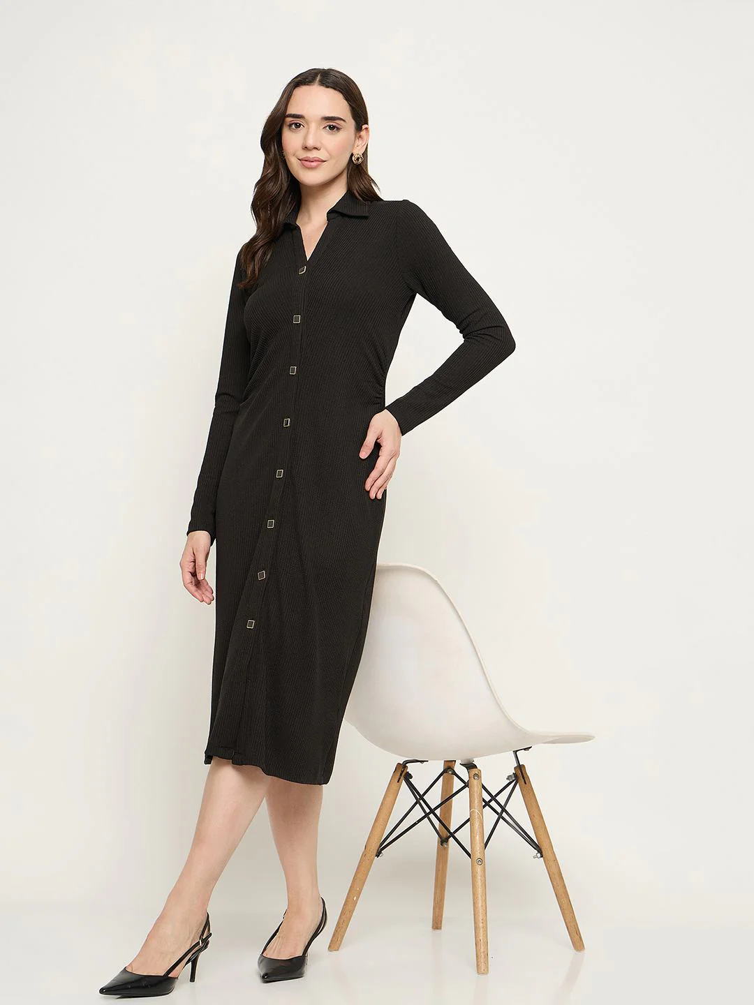 Madame Button Down Black Bodycon Midi Dress