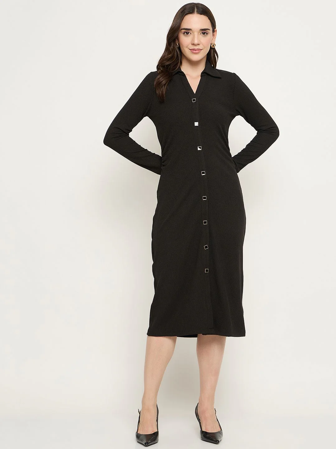 Madame Button Down Black Bodycon Midi Dress - Image 3