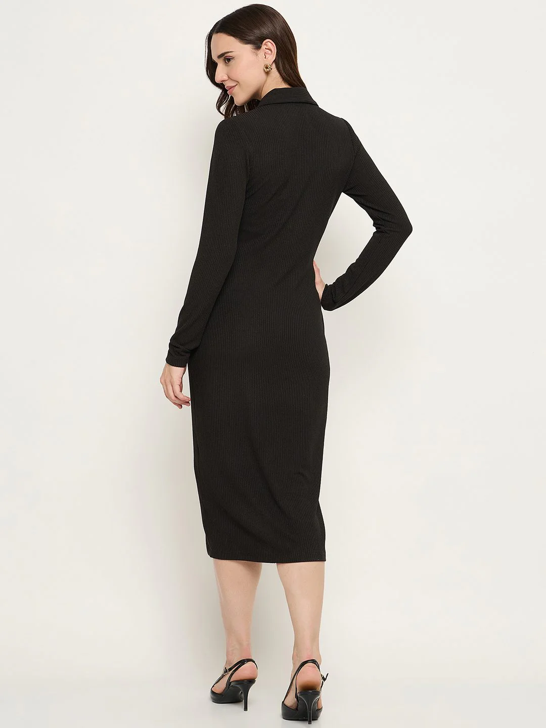 Madame Button Down Black Bodycon Midi Dress - Image 6