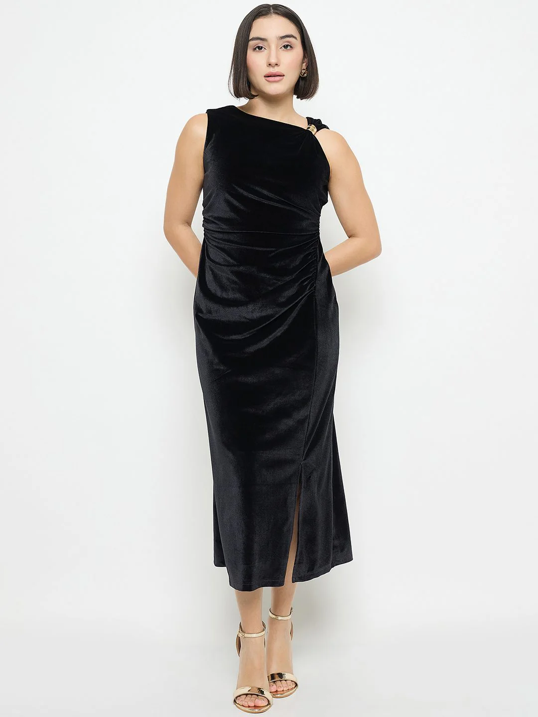 Madame Side Ruched Midi Black Sheath Dress - Image 3