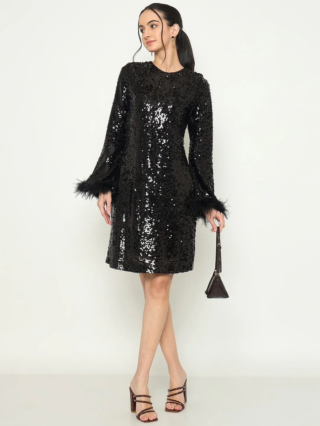 Madame Black Shimmery Midi Dress with Fur Flared Sleeves - Image 2