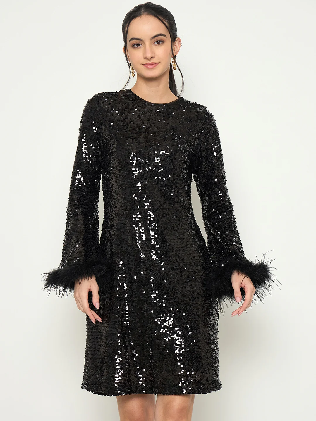 Madame Black Shimmery Midi Dress with Fur Flared Sleeves - Image 3