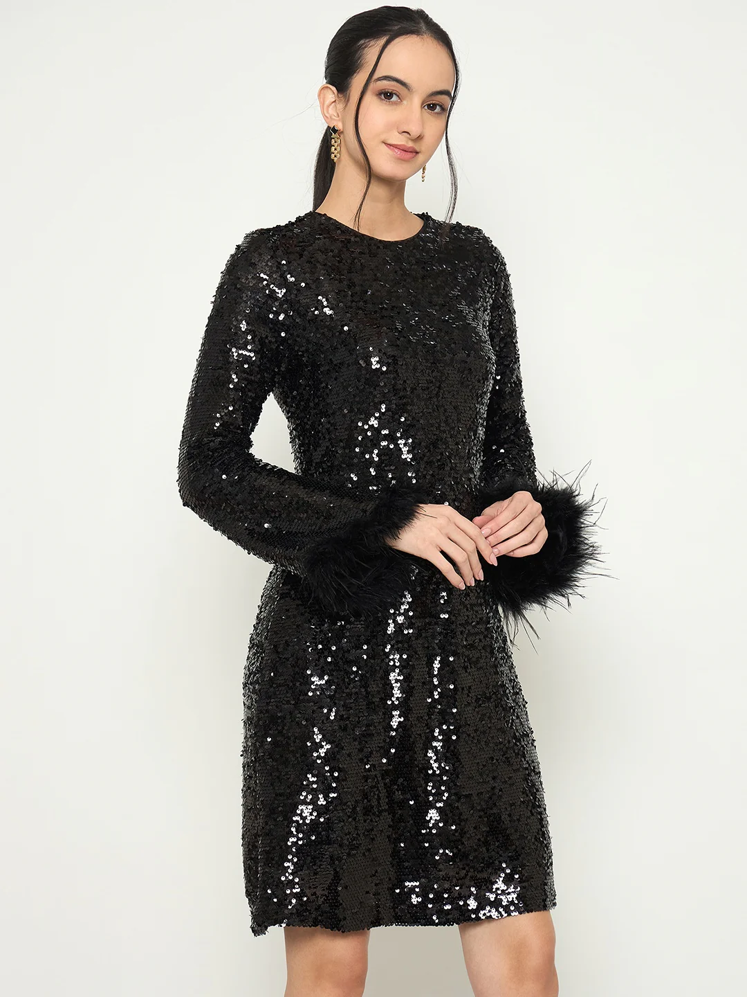 Madame Black Shimmery Midi Dress with Fur Flared Sleeves - Image 4