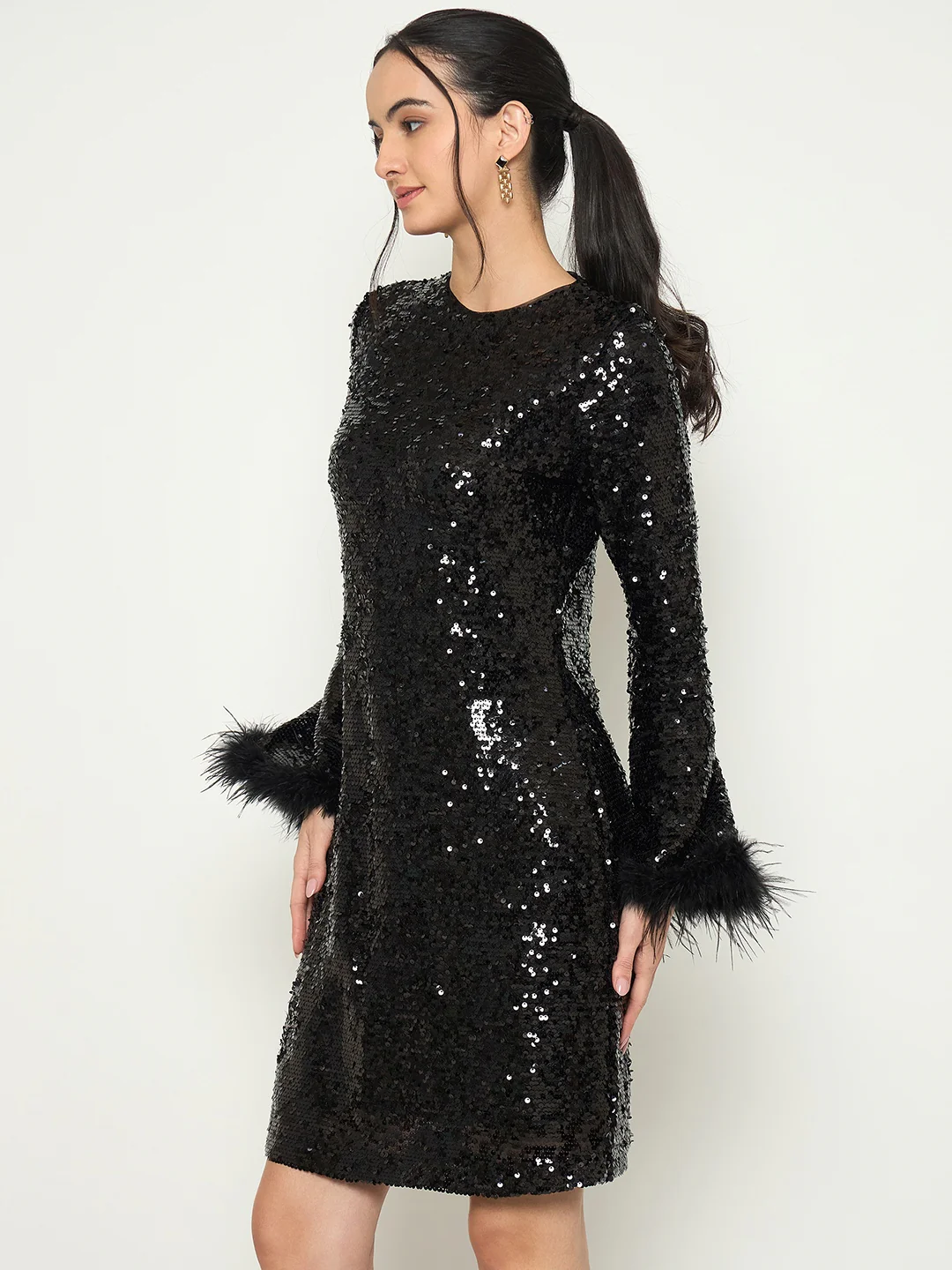 Madame Black Shimmery Midi Dress with Fur Flared Sleeves - Image 5