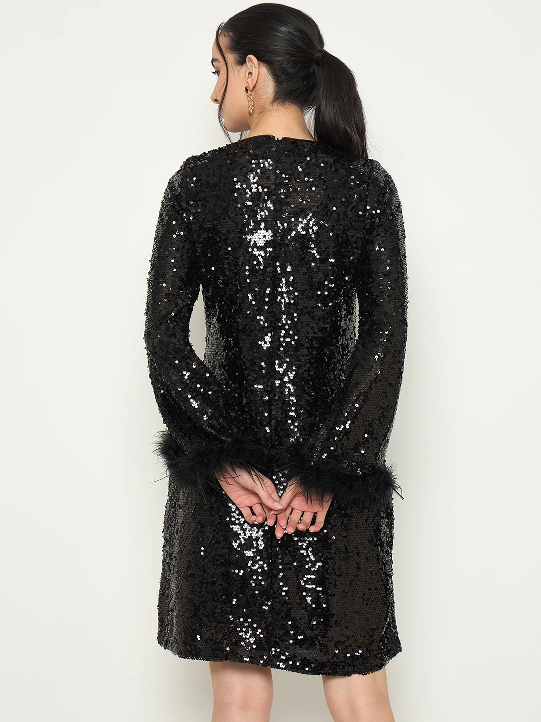 Madame Black Shimmery Midi Dress with Fur Flared Sleeves - Image 6