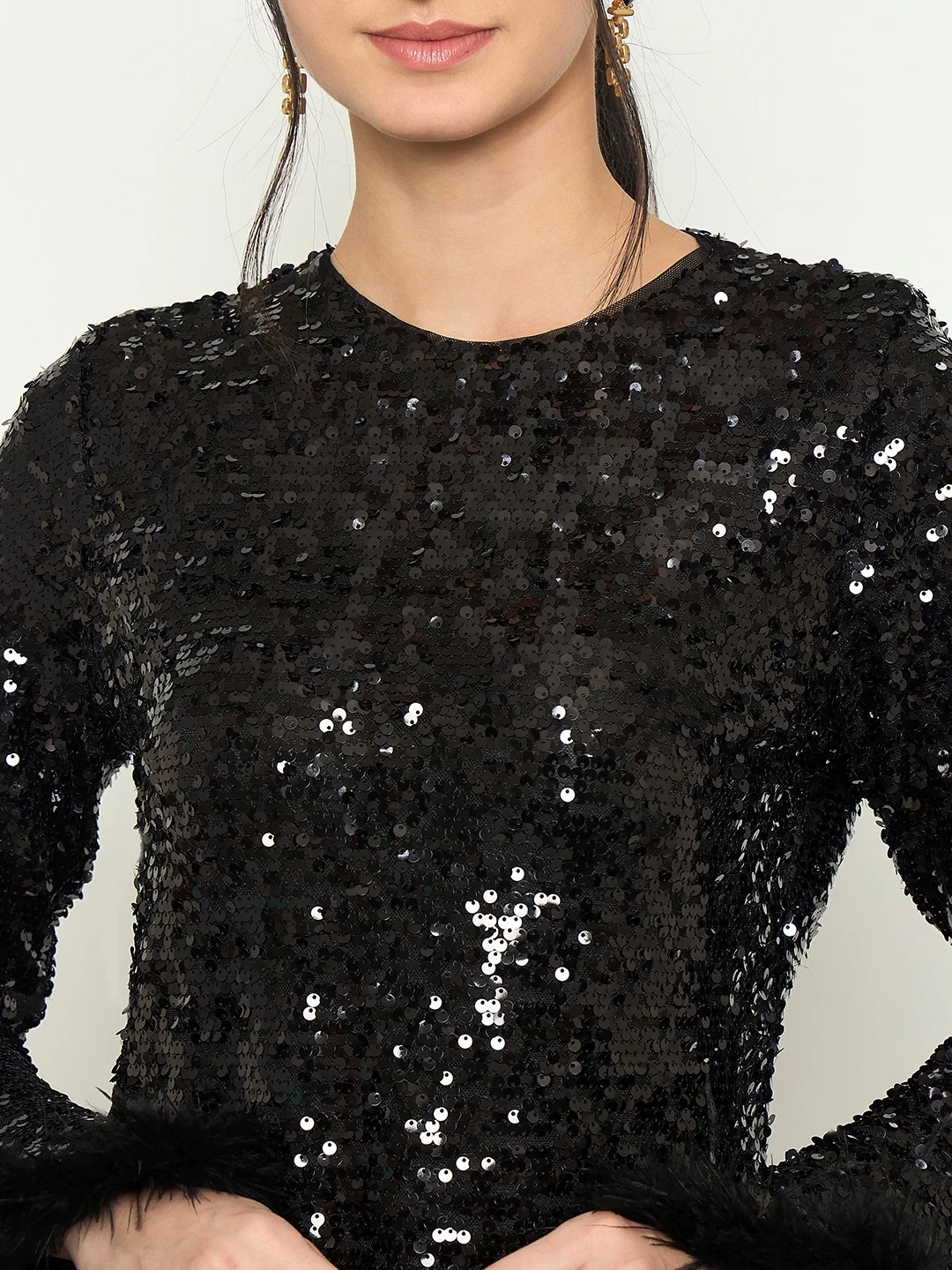 Madame Black Shimmery Midi Dress with Fur Flared Sleeves - Image 7