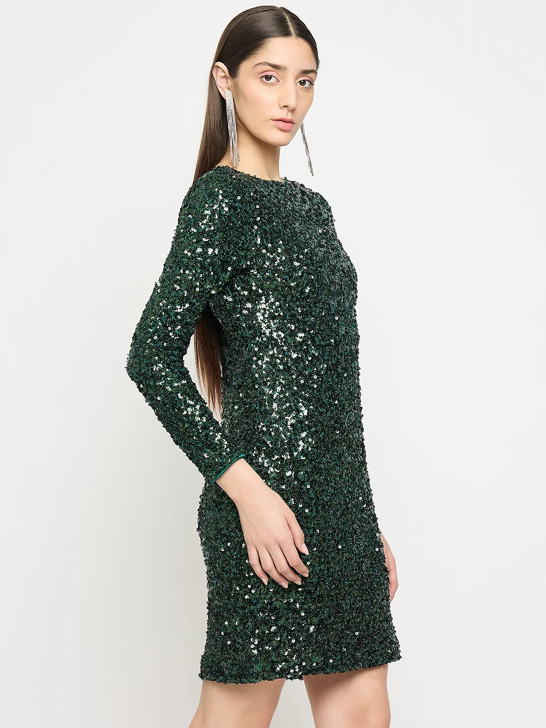 Madame Boat Neck Printed Green Bodycon Dress - Image 4