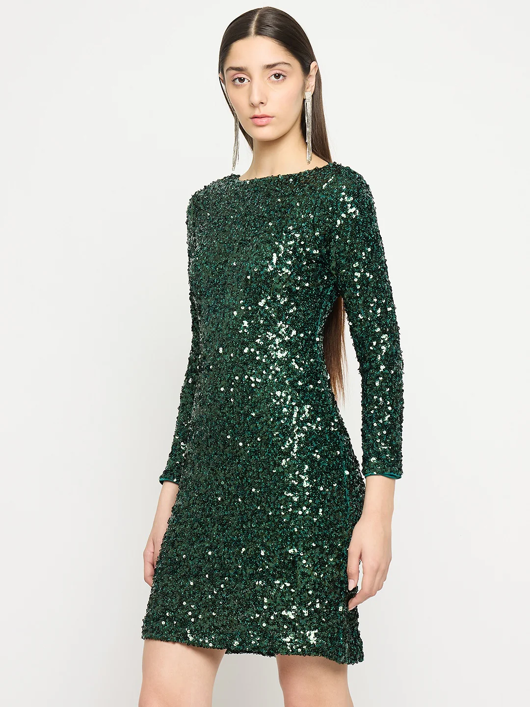 Madame Boat Neck Printed Green Bodycon Dress - Image 5