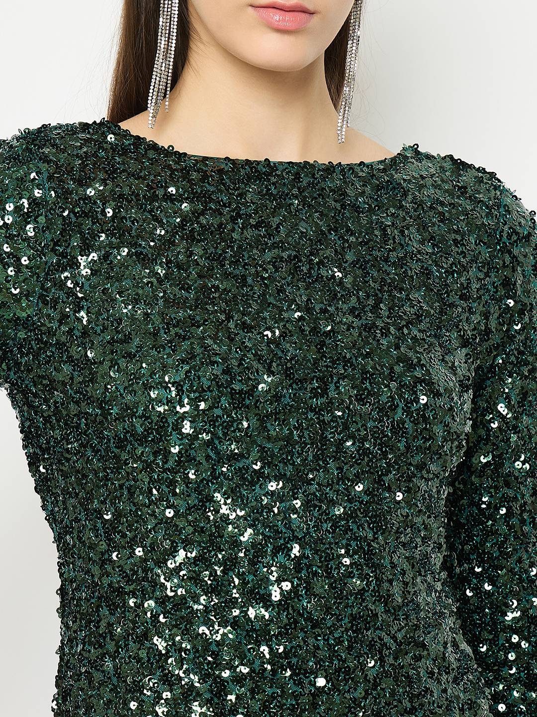 Madame Boat Neck Printed Green Bodycon Dress - Image 7
