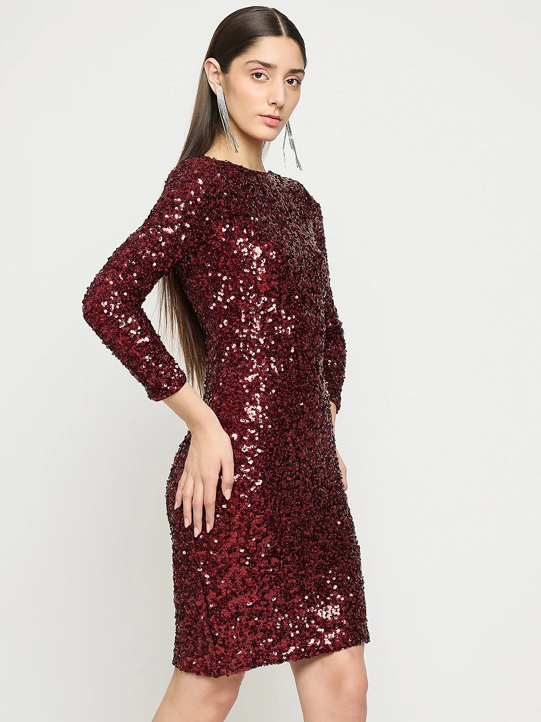 Madame Boat Neck Maroon Printed Bodycon Dress - Image 4