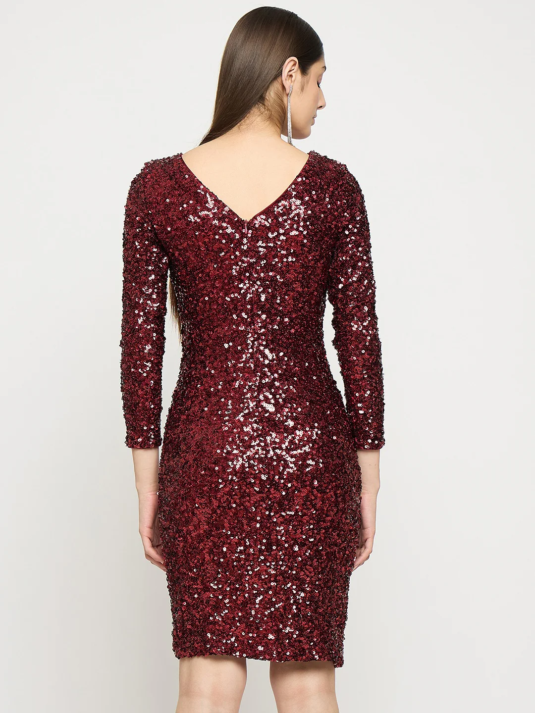 Madame Boat Neck Maroon Printed Bodycon Dress - Image 6