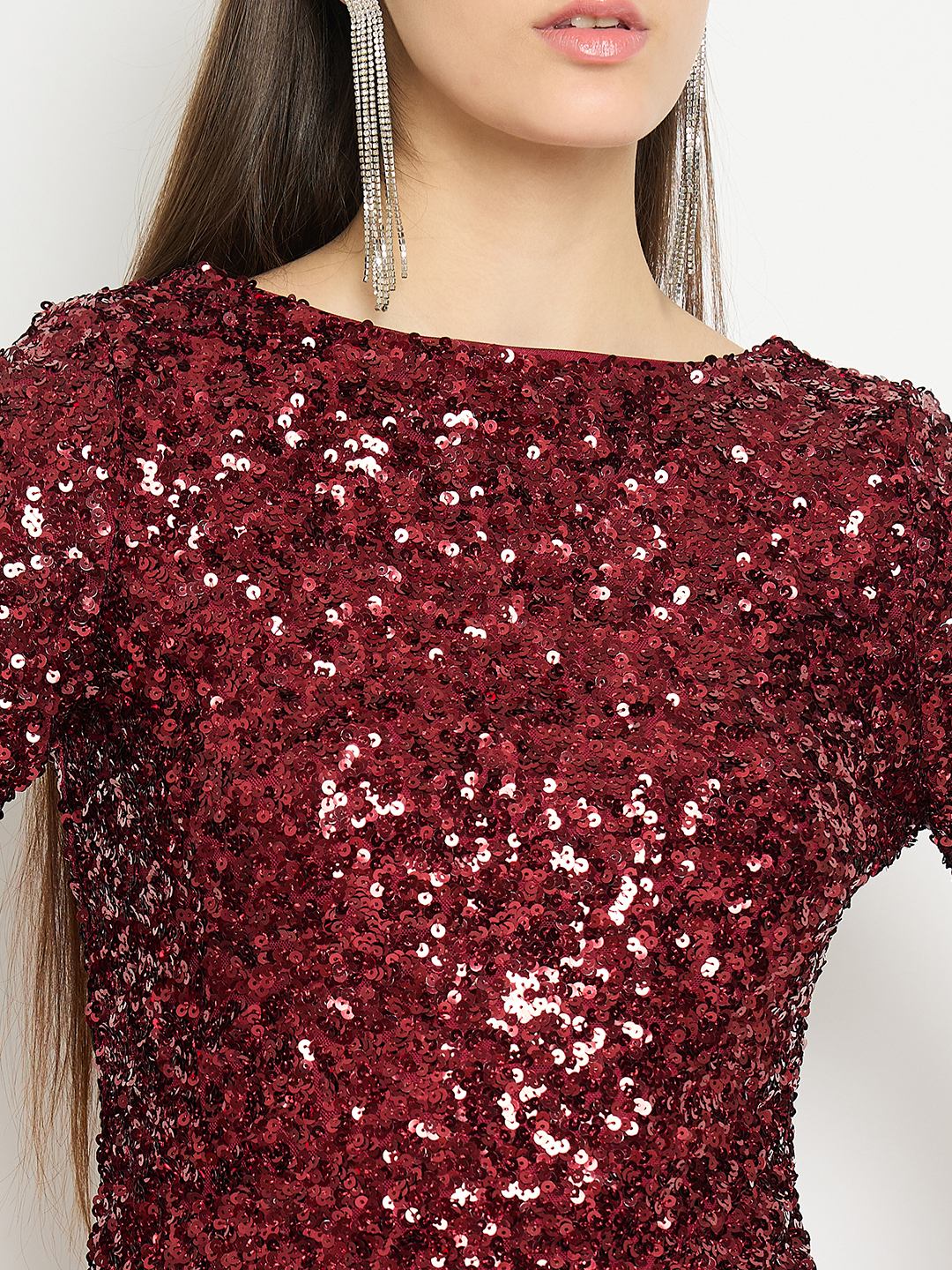 Madame Boat Neck Maroon Printed Bodycon Dress - Image 7
