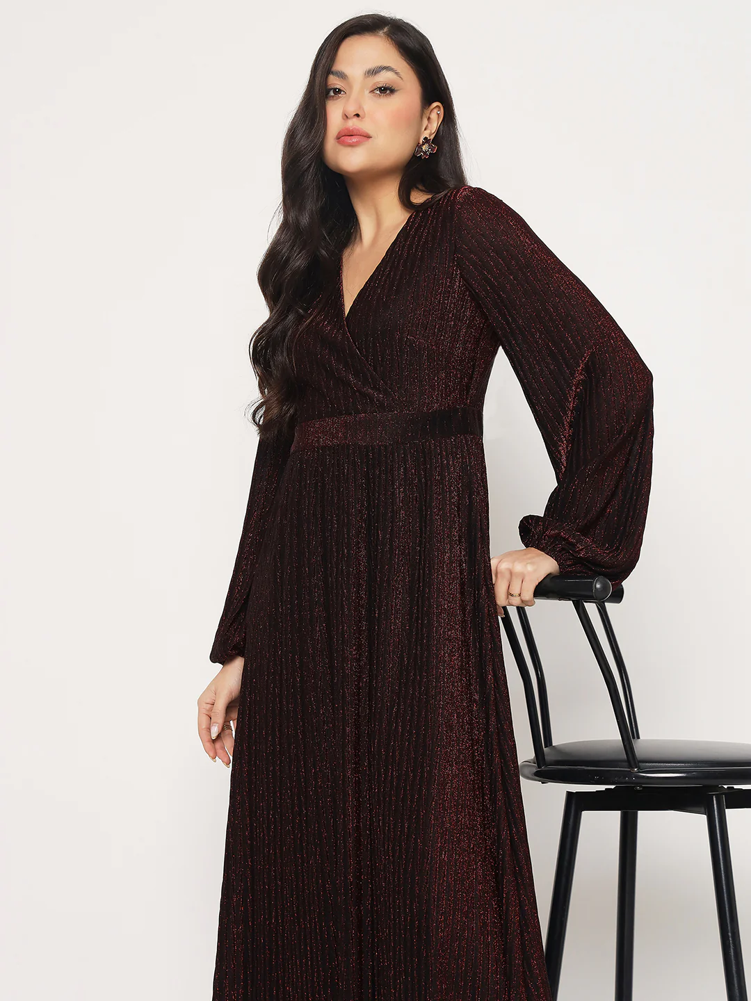 Madame Cinched Waist Fit and Flare Maroon Maxi Dress - Image 3