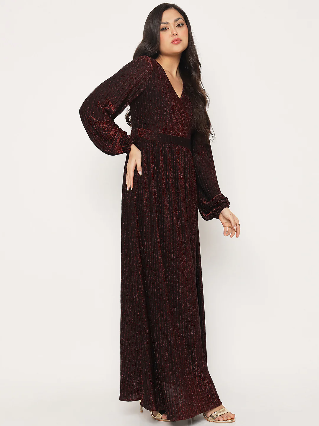 Madame Cinched Waist Fit and Flare Maroon Maxi Dress - Image 5