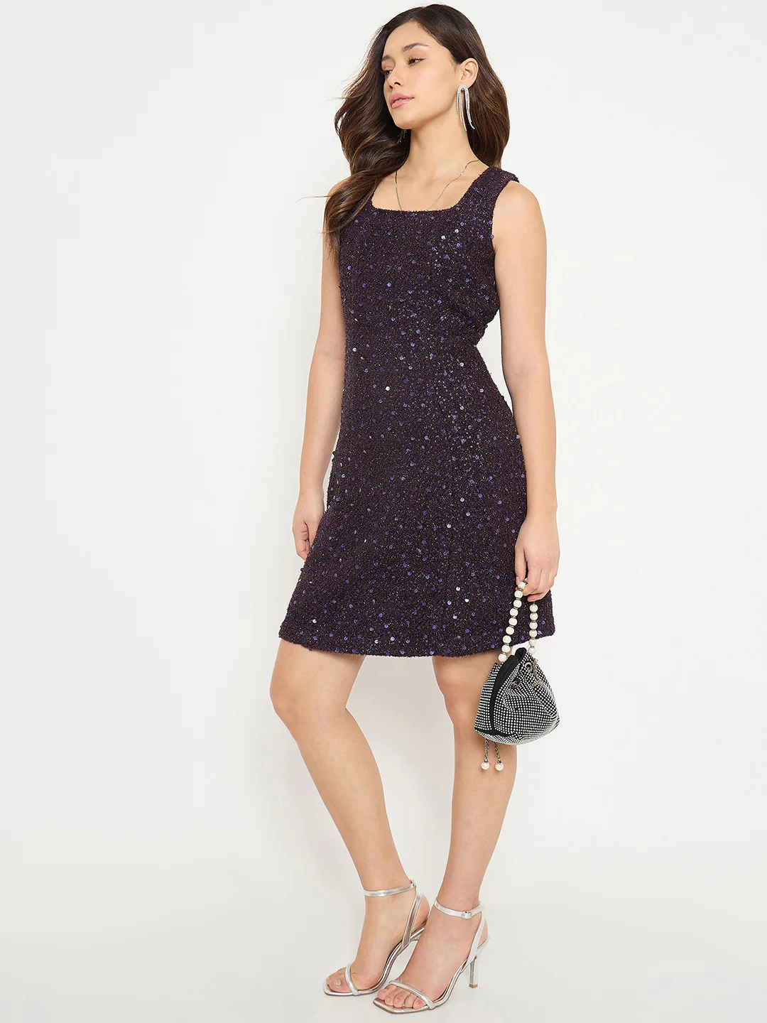 Madame Square Neck Shimmery Purple Sheath Dress - Image 3