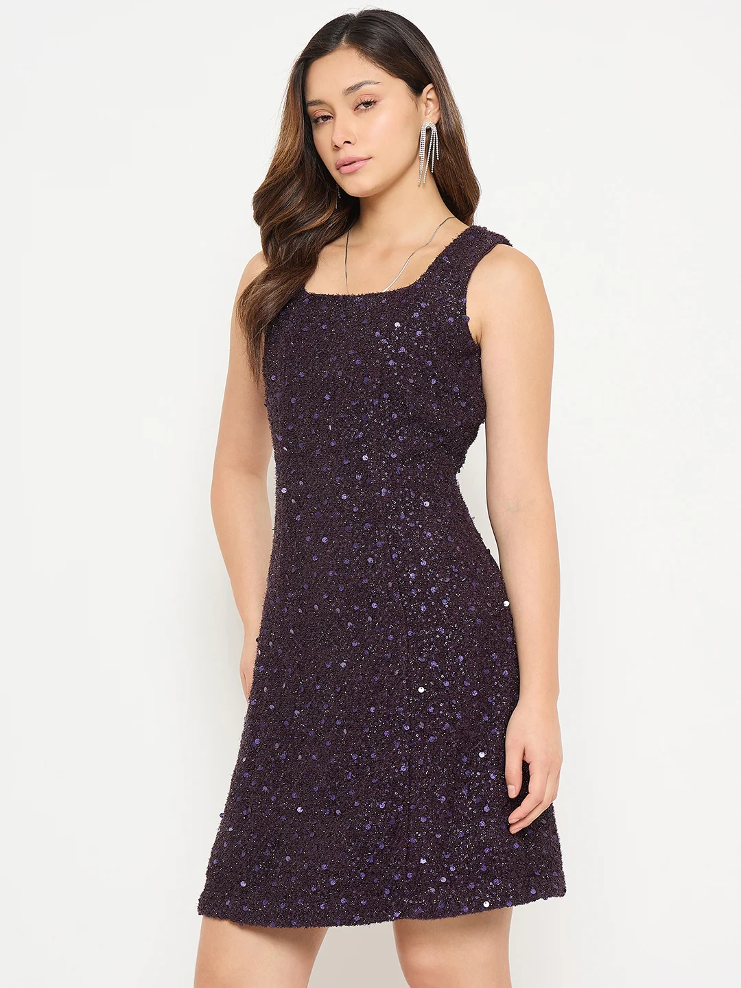 Madame Square Neck Shimmery Purple Sheath Dress - Image 6