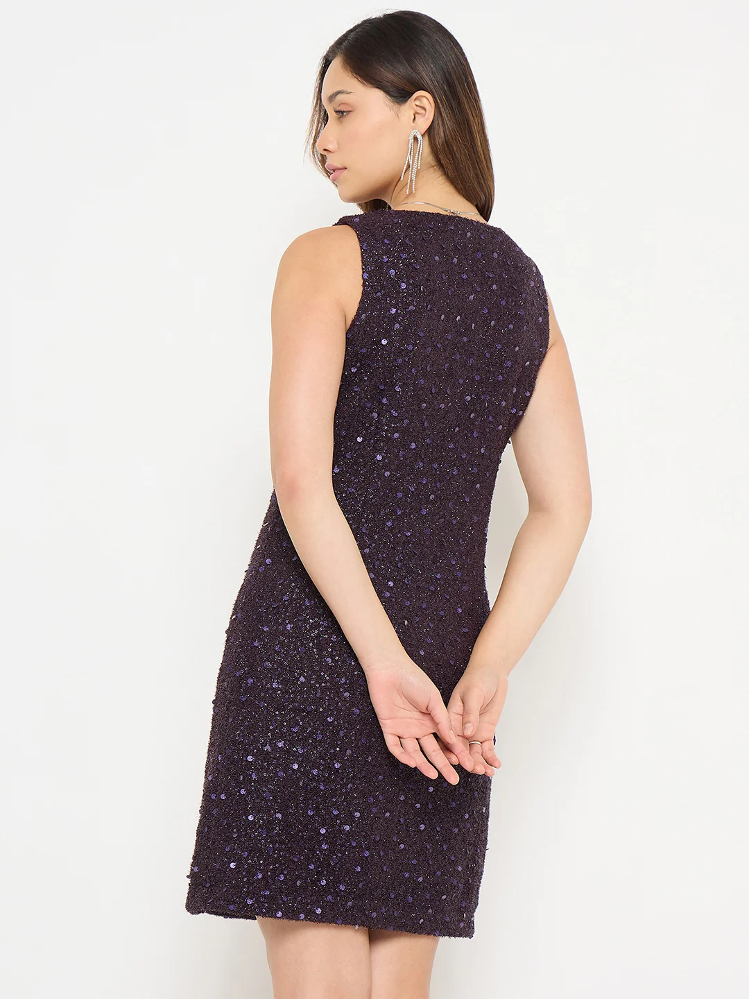 Madame Square Neck Shimmery Purple Sheath Dress - Image 7