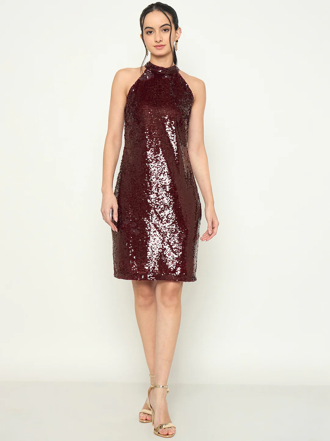 Madame Halter Neck Maroon Bodycon Shimmer Dress - Image 3