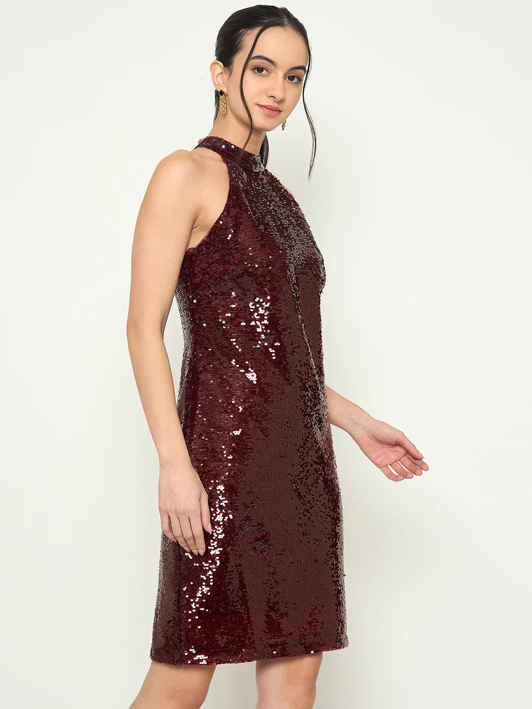 Madame Halter Neck Maroon Bodycon Shimmer Dress - Image 4