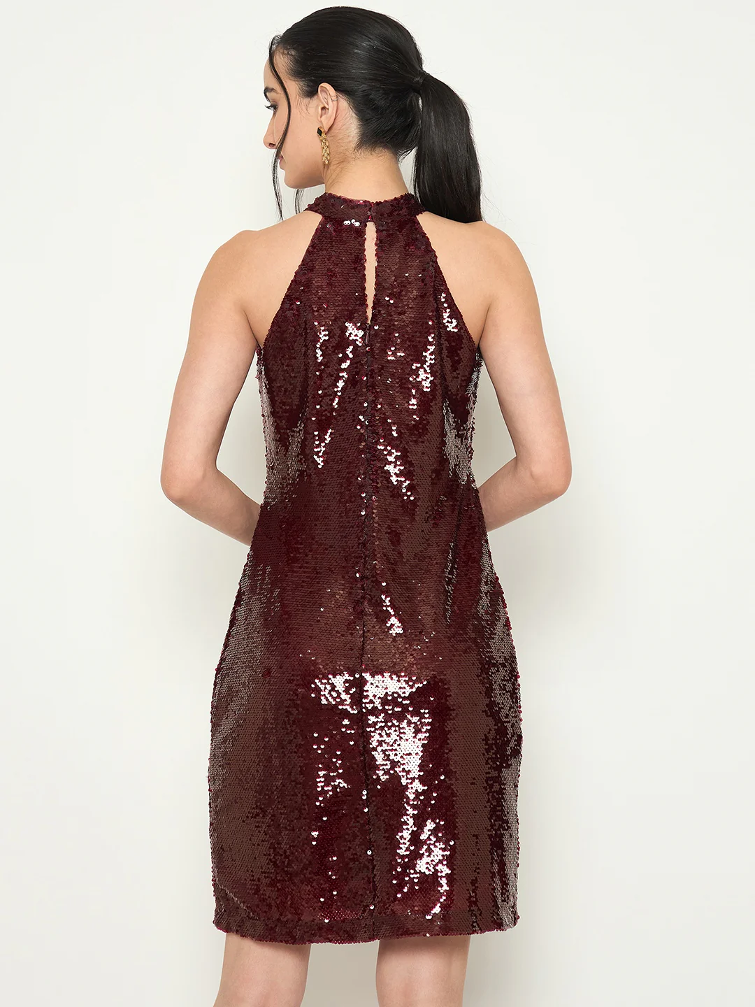 Madame Halter Neck Maroon Bodycon Shimmer Dress - Image 6