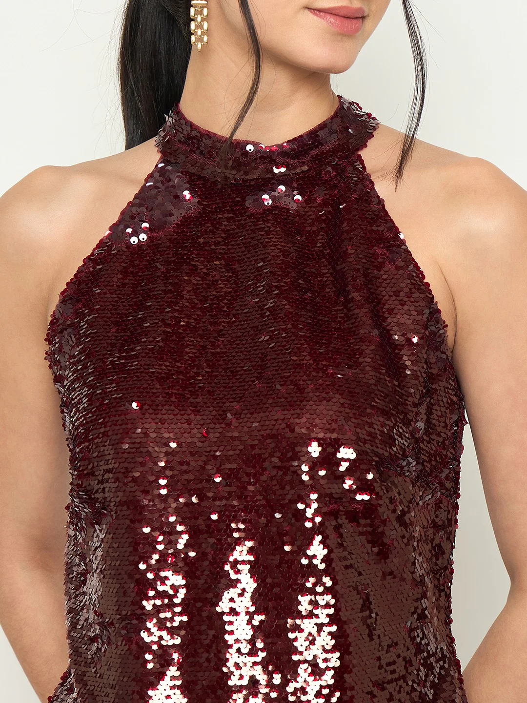 Madame Halter Neck Maroon Bodycon Shimmer Dress - Image 7