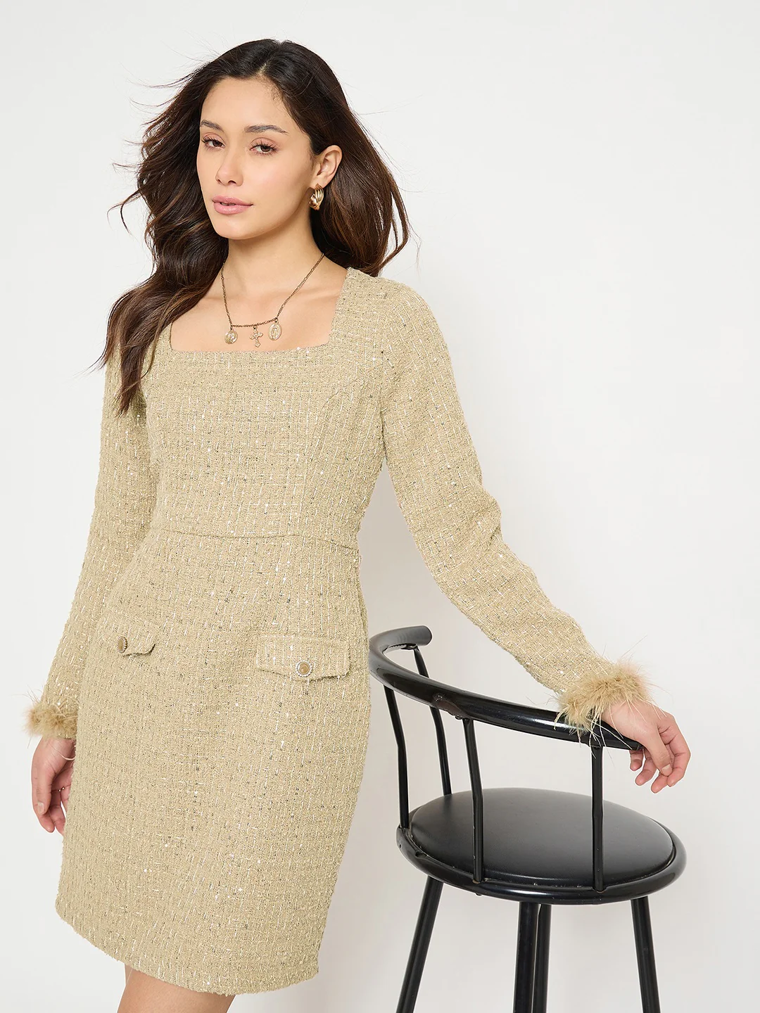 Madame Square Neck Beige Bodycon Dress with Feather Trim Sleeves - Image 2