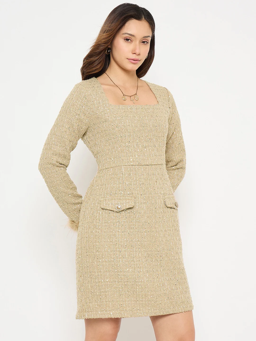 Madame Square Neck Beige Bodycon Dress with Feather Trim Sleeves - Image 4