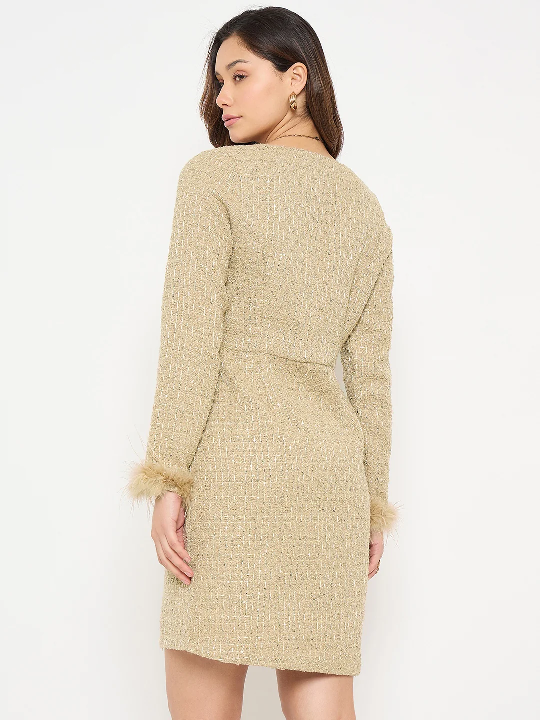 Madame Square Neck Beige Bodycon Dress with Feather Trim Sleeves - Image 6