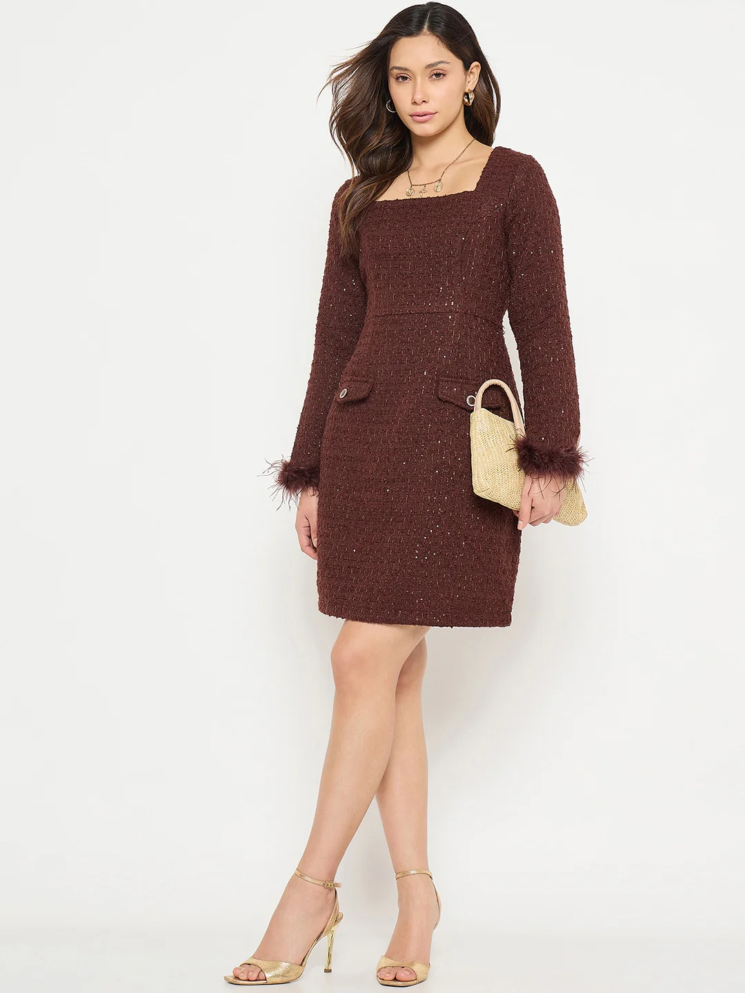 Madame Brown Bodycon Dress with Feather Trim Sleeves - Image 3