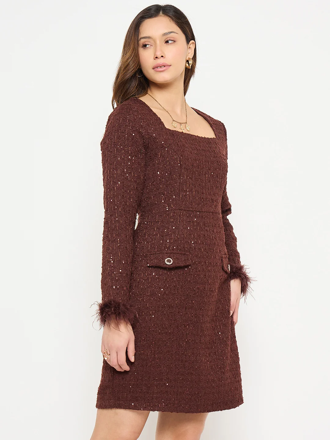 Madame Brown Bodycon Dress with Feather Trim Sleeves - Image 4