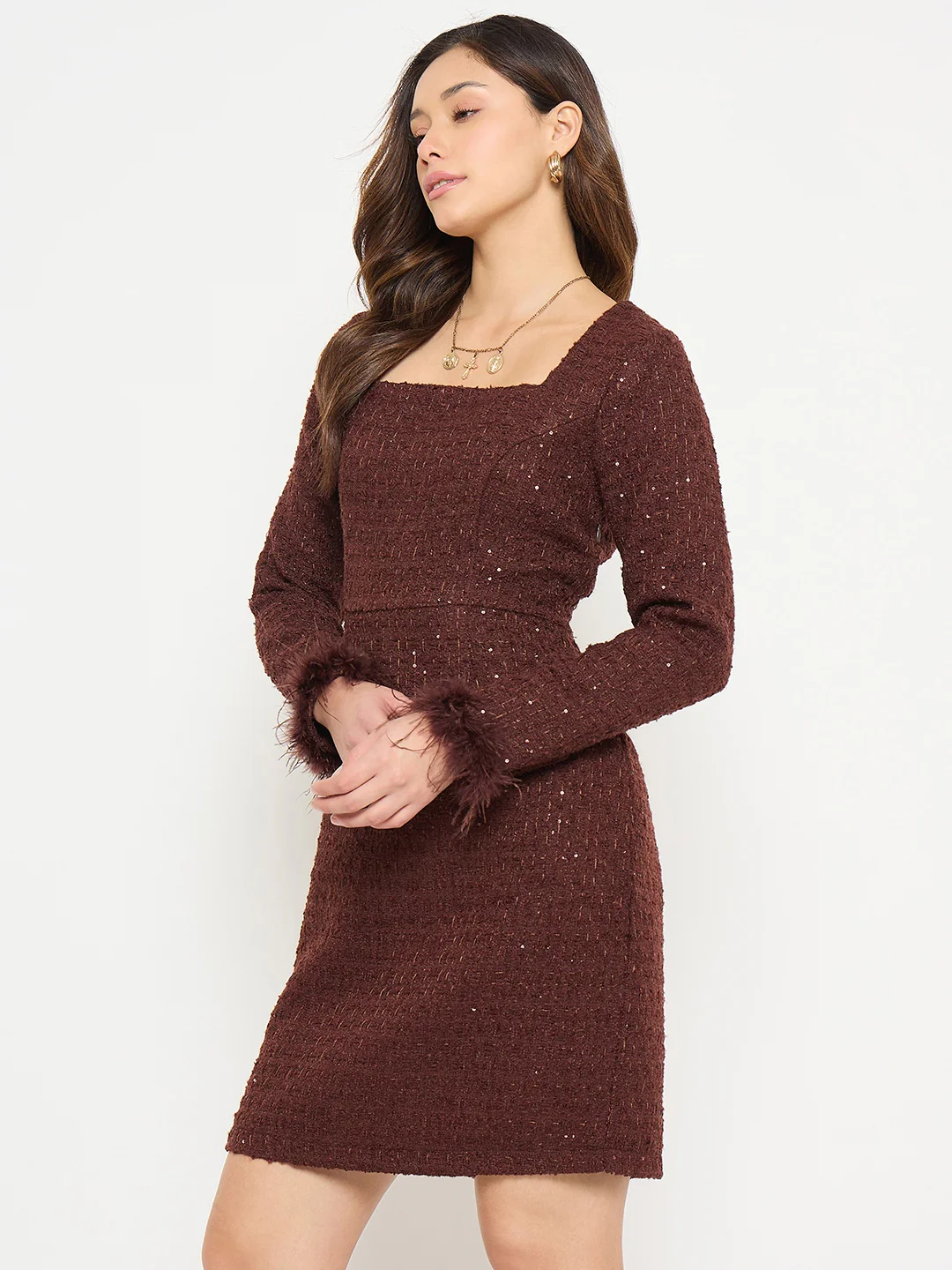 Madame Brown Bodycon Dress with Feather Trim Sleeves - Image 5